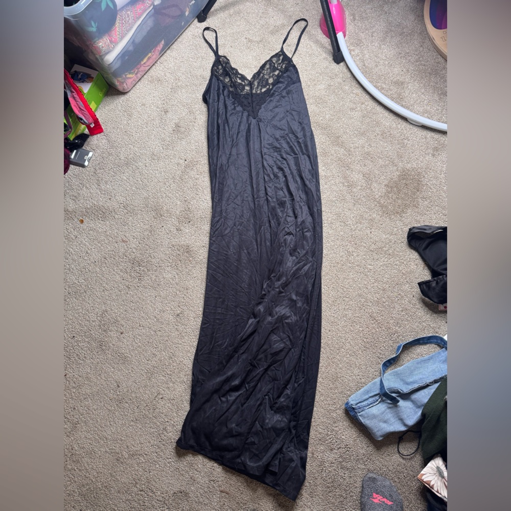 Very Long Black Lace Trim Maxi Slip Nightgown
